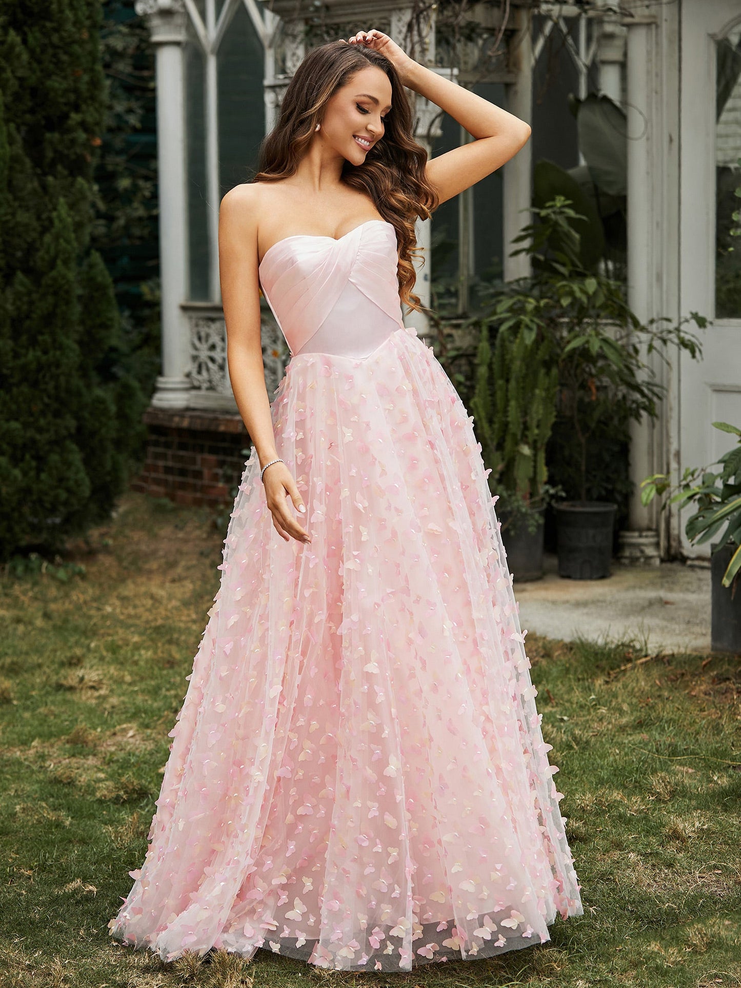 Sweetheart Butterflies Appliqued Ball Gown Pink