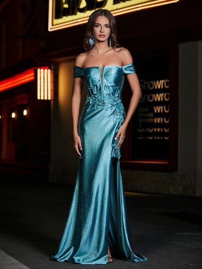 Off Shoulder Corset Bodice Satin Gown Jade