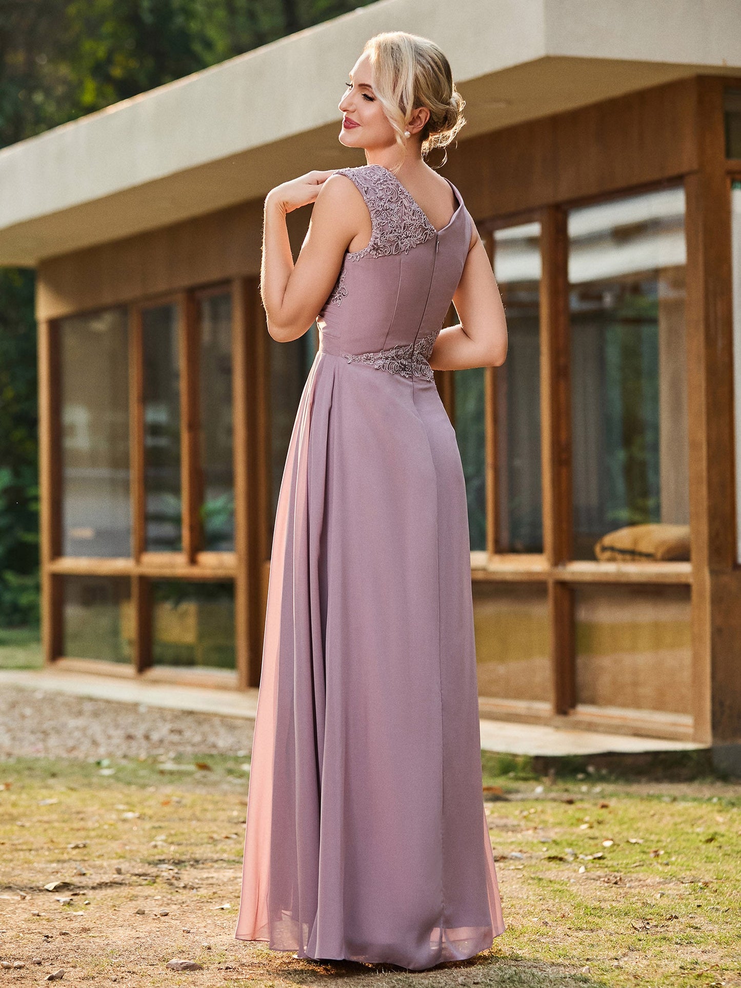 V-neck Sleeveless Lace Pleated Long Gown with Slit Dusk