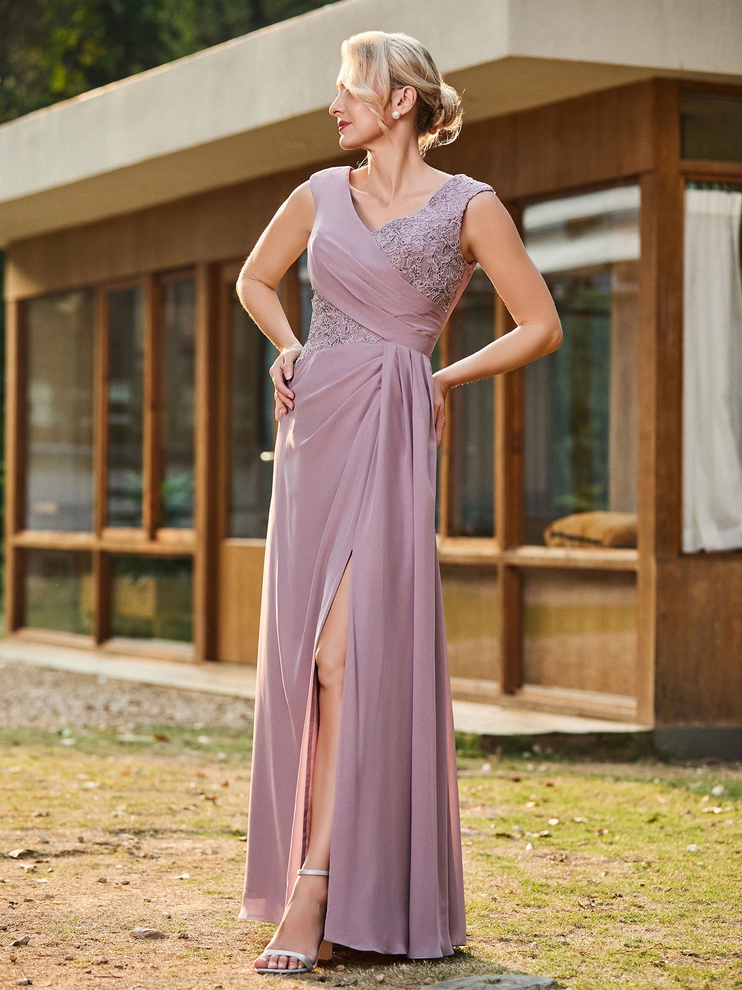 V-neck Sleeveless Lace Pleated Long Gown with Slit Dusk