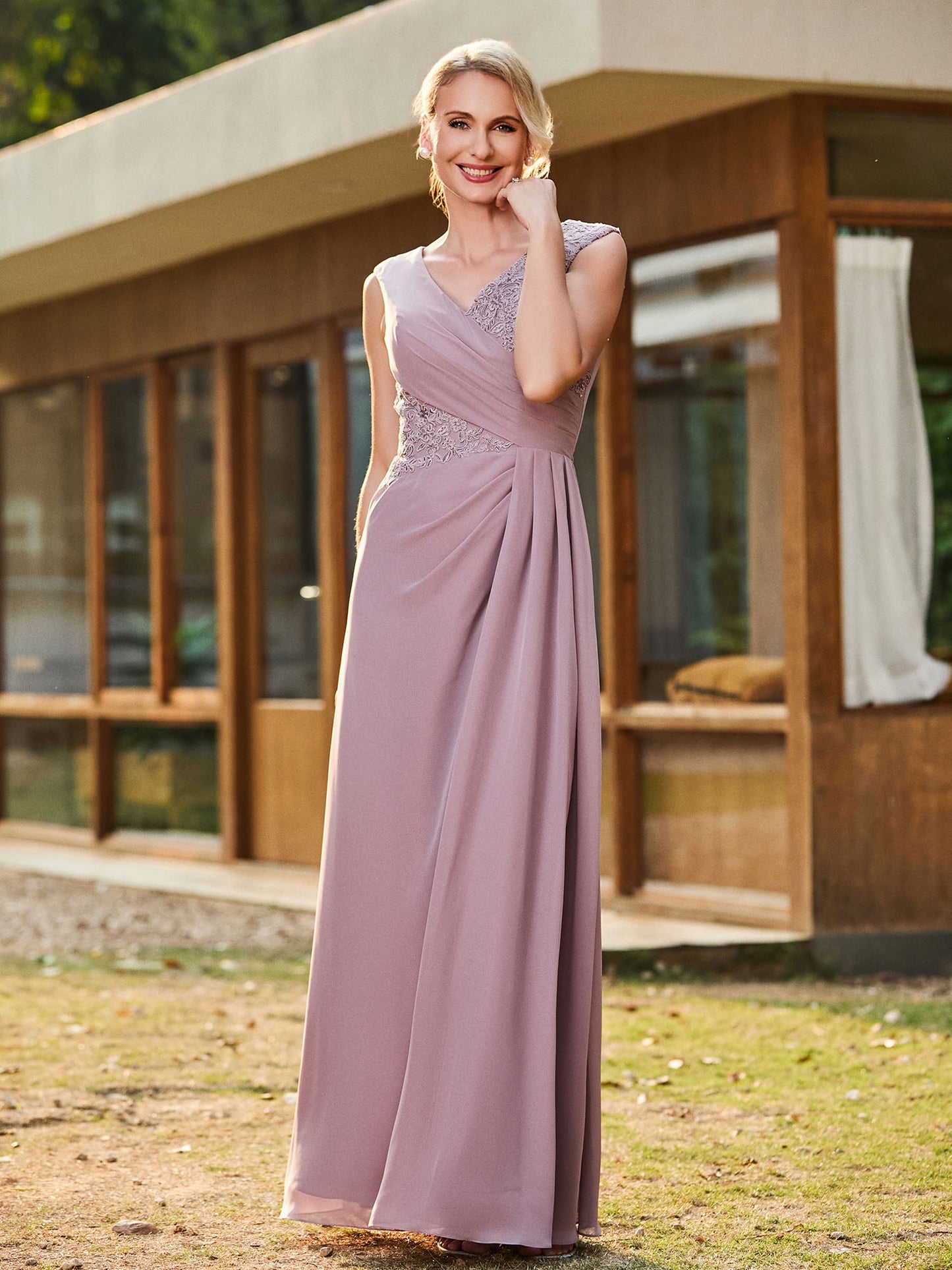 V-neck Sleeveless Lace Pleated Long Gown with Slit Dusk