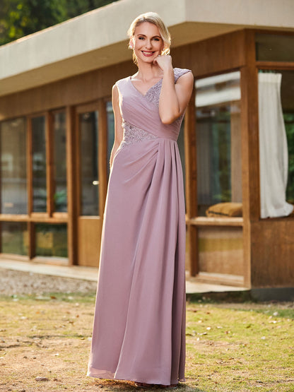 V-neck Sleeveless Lace Pleated Long Gown with Slit Dusk