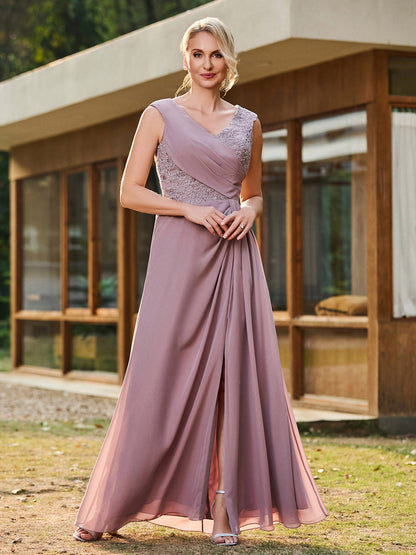 V-neck Sleeveless Lace Pleated Long Gown with Slit Dusk