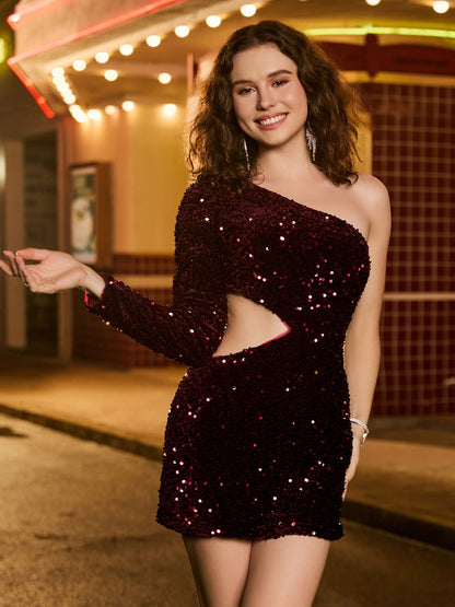 One Shoulder Cut Outs Sequins Sheath Mini Homecoming Dress Burgundy