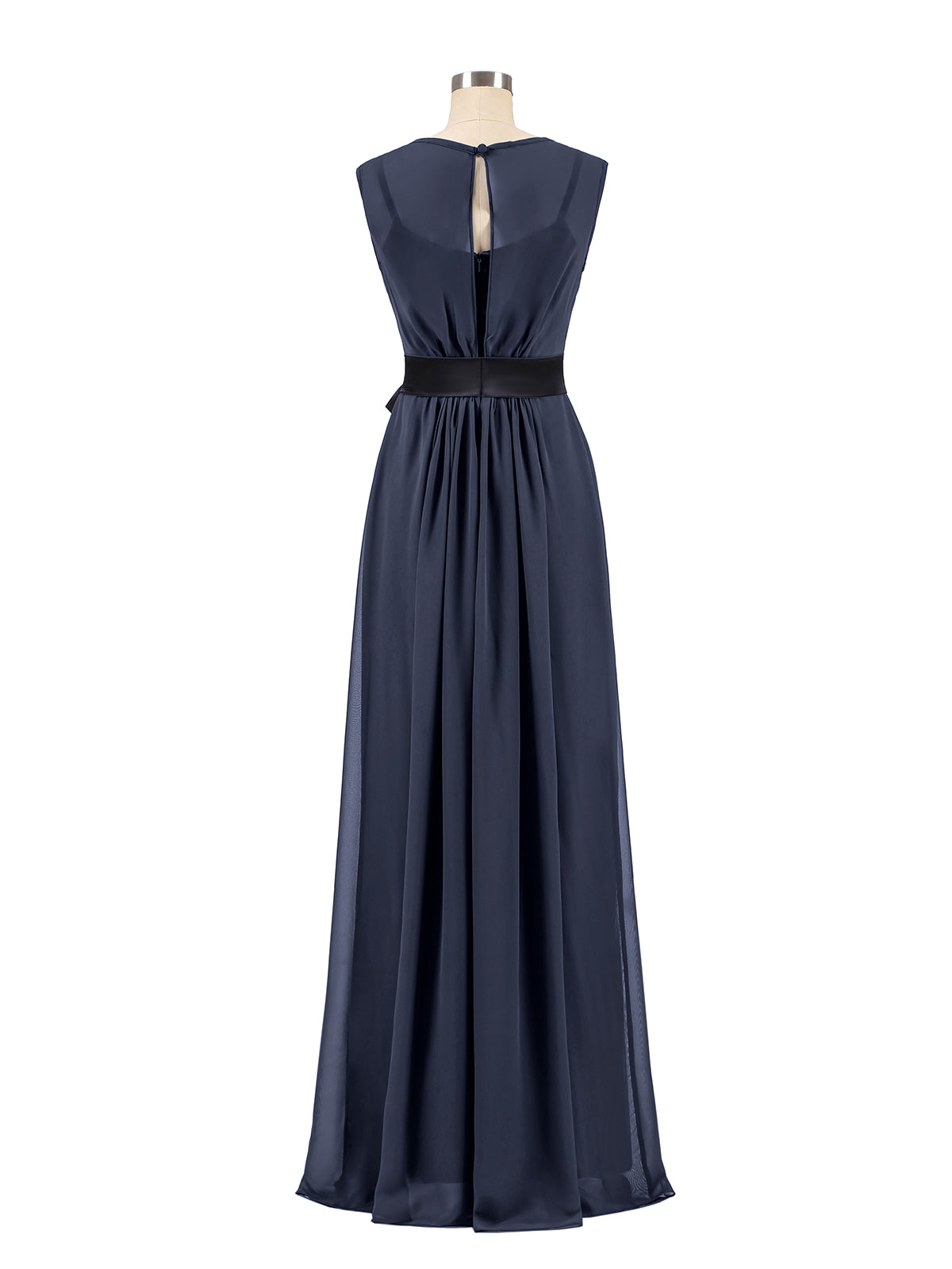 FAUX-Wrap Chiffon Dress with Black Waistband-Dark Navy