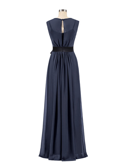 FAUX-Wrap Chiffon Dress with Black Waistband-Dark Navy