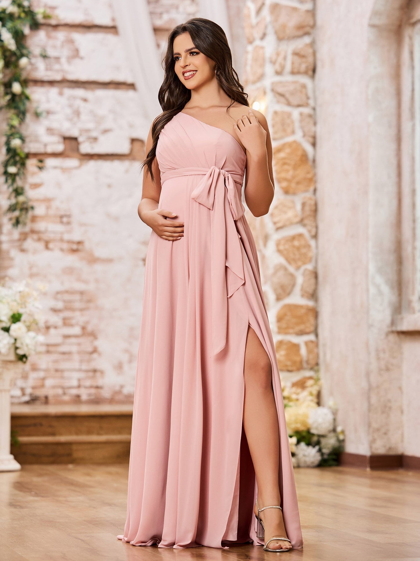One Shoulder Rcuhed Chiffon Long Dresses With Belt Dusty Rose