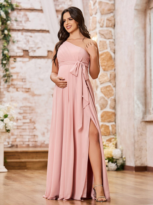 One Shoulder Rcuhed Chiffon Long Dresses With Belt Dusty Rose