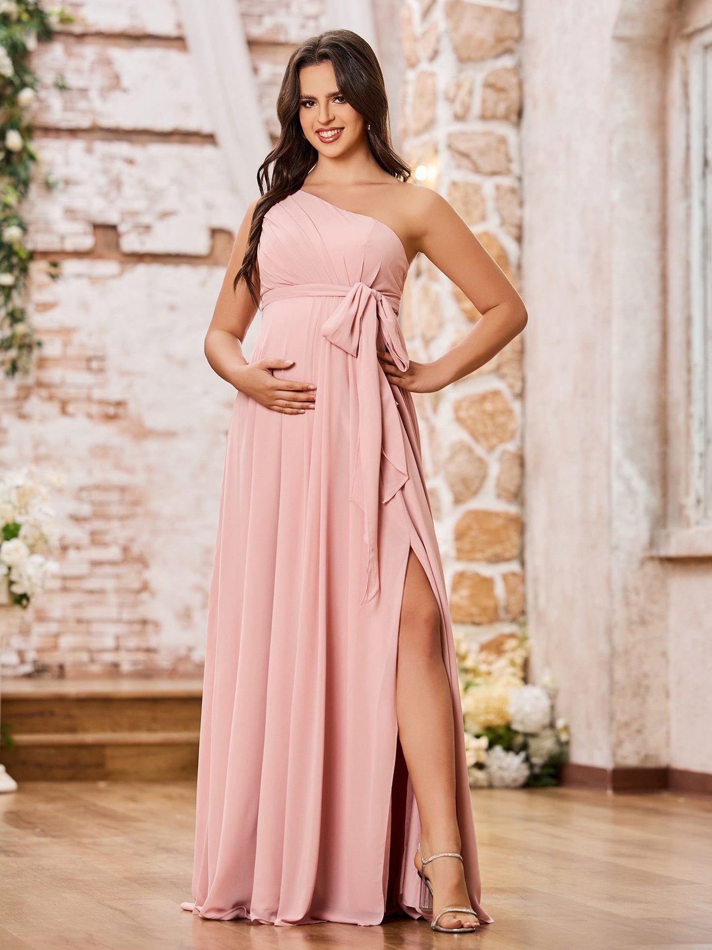 One Shoulder Rcuhed Chiffon Long Dresses With Belt Dusty Rose