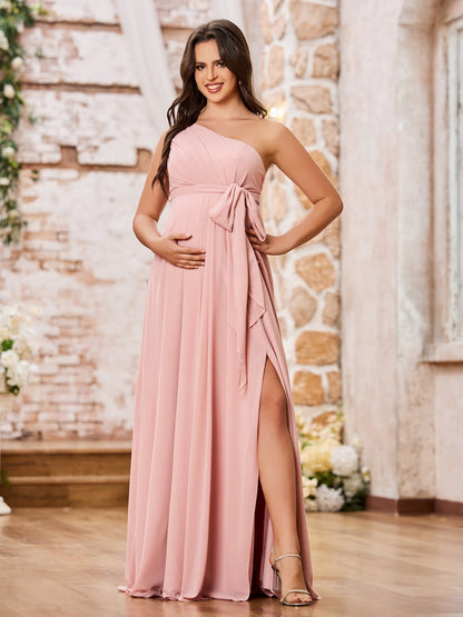 One Shoulder Rcuhed Chiffon Long Dresses With Belt Dusty Rose