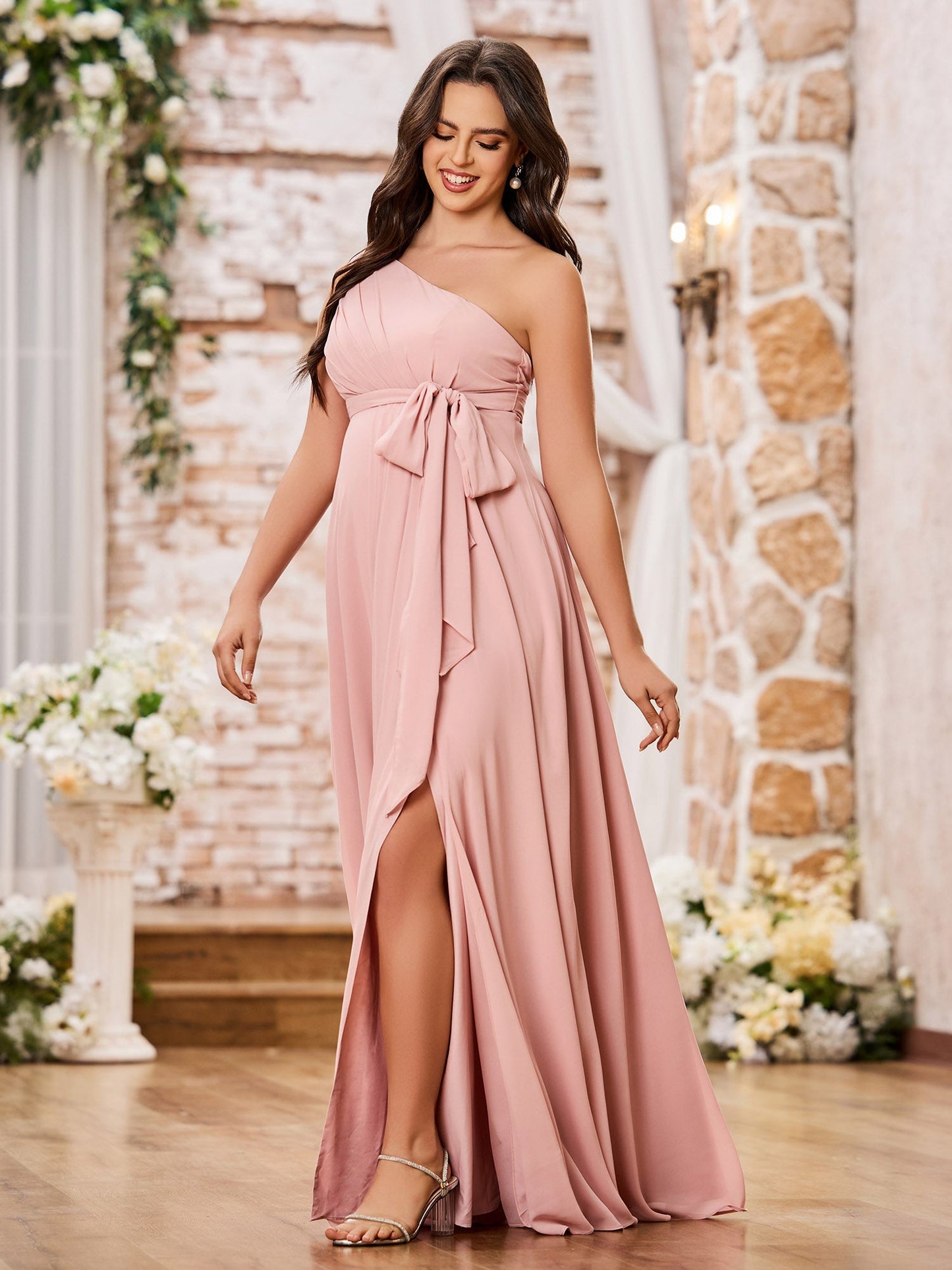 One Shoulder Rcuhed Chiffon Long Dresses With Belt Dusty Rose