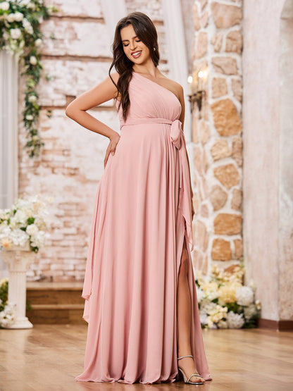 One Shoulder Rcuhed Chiffon Long Dresses With Belt Dusty Rose