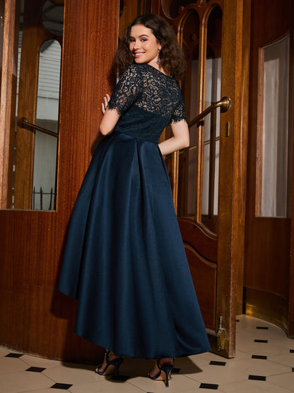 A-line Short Sleeve Lace Pleated Asymmetrical Dress Dark Navy
