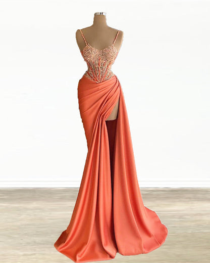 Mermaid Peach Prom Dresses Appliques With Slit