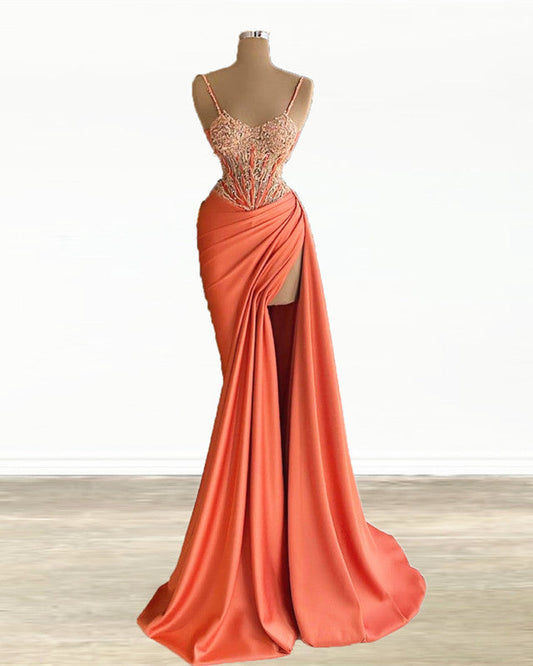 Mermaid Peach Prom Dresses Appliques With Slit