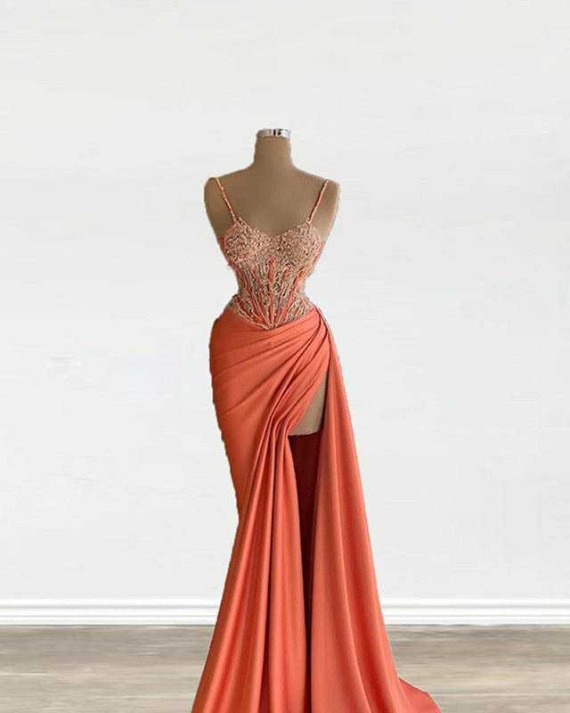 Mermaid Peach Prom Dresses Appliques With Slit