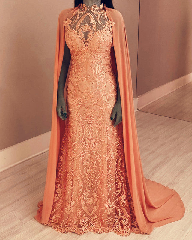 Cape Back Lace Mermaid Wedding Dress For Older Brides