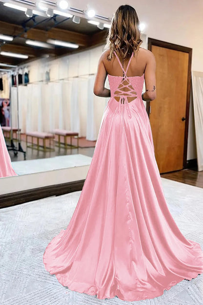 Peacock Green A-Line Satin Appliques Prom Dress with Slit