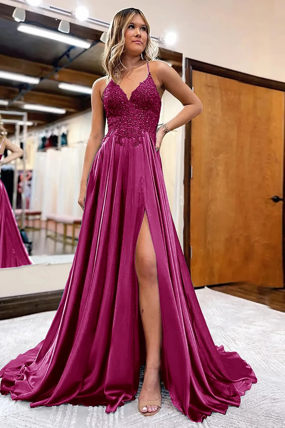 Peacock Green A-Line Satin Appliques Prom Dress with Slit