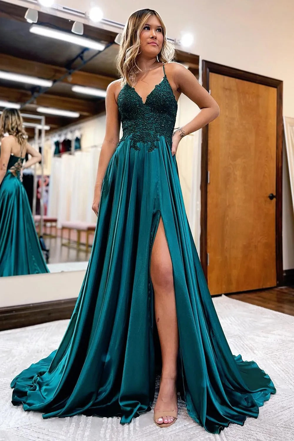Peacock Green A-Line Satin Appliques Prom Dress with Slit