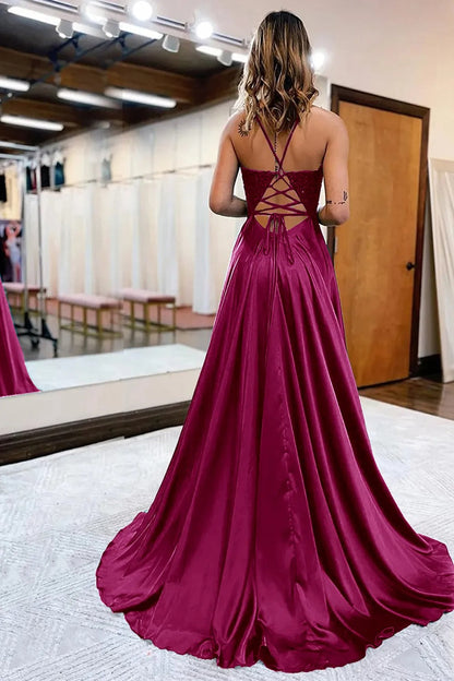Peacock Green A-Line Satin Appliques Prom Dress with Slit
