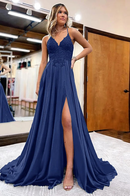 Peacock Green A-Line Satin Appliques Prom Dress with Slit