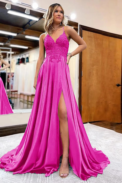 Peacock Green A-Line Satin Appliques Prom Dress with Slit