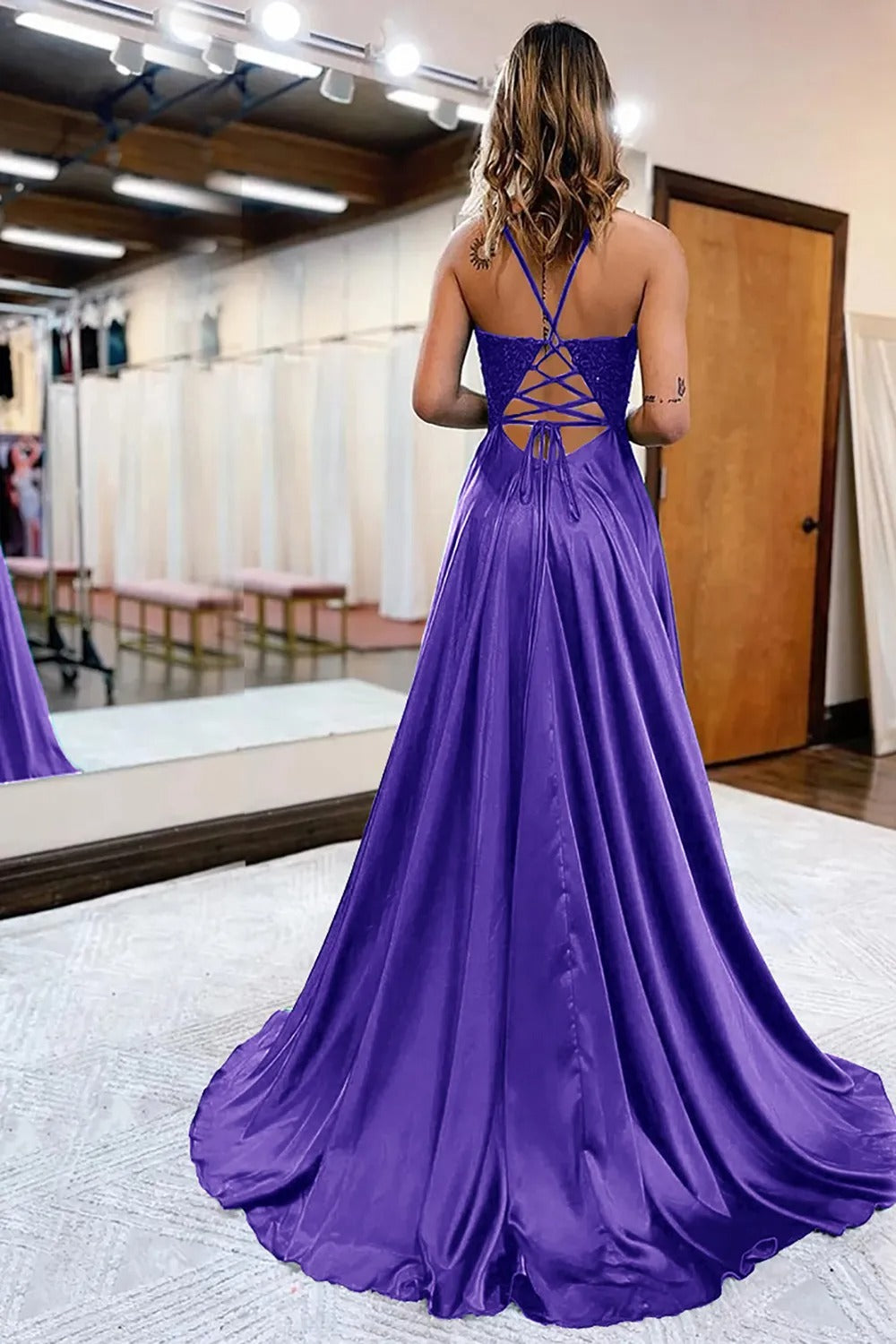 Peacock Green A-Line Satin Appliques Prom Dress with Slit