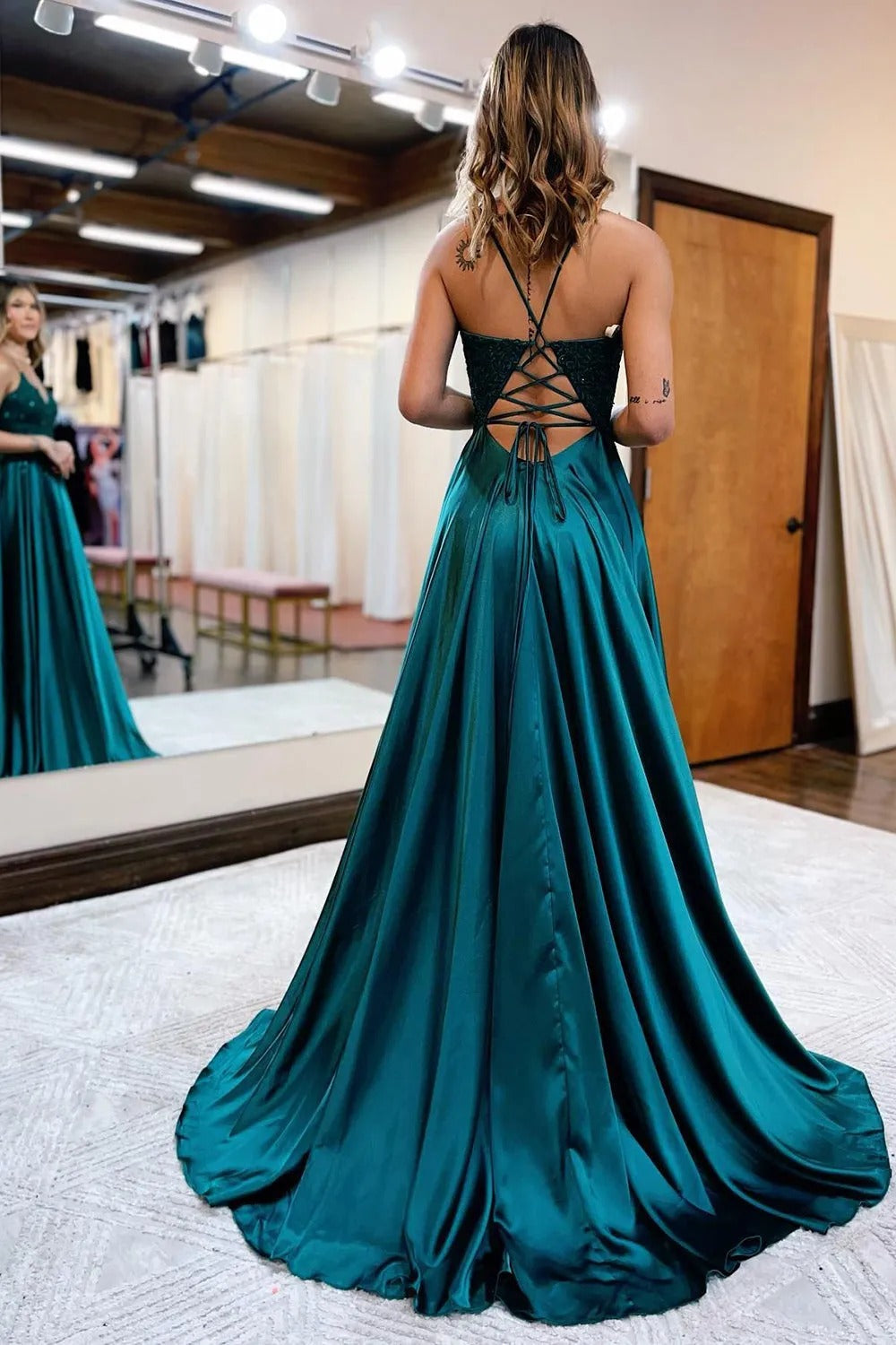 Peacock Green A-Line Satin Appliques Prom Dress with Slit