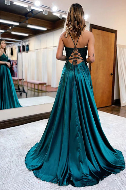 Peacock Green A-Line Satin Appliques Prom Dress with Slit