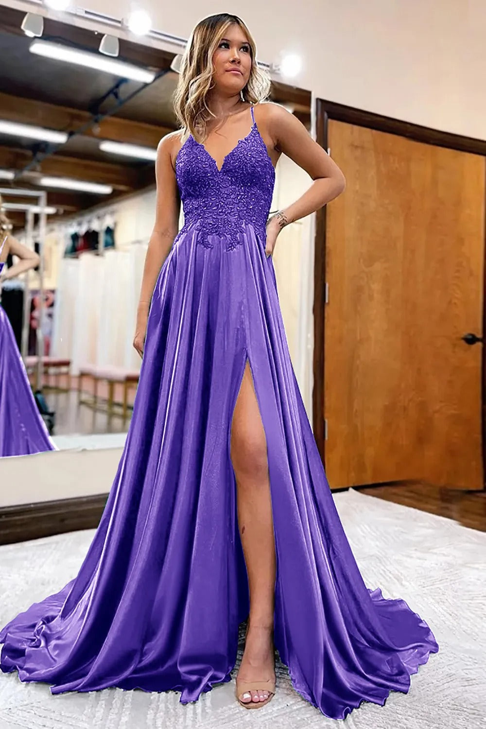 Peacock Green A-Line Satin Appliques Prom Dress with Slit