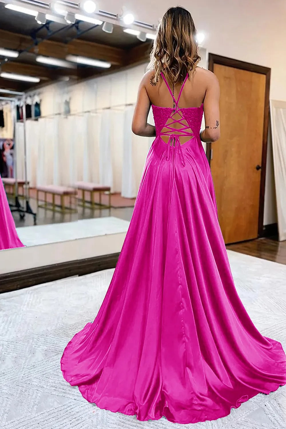 Peacock Green A-Line Satin Appliques Prom Dress with Slit