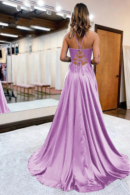Peacock Green A-Line Satin Appliques Prom Dress with Slit