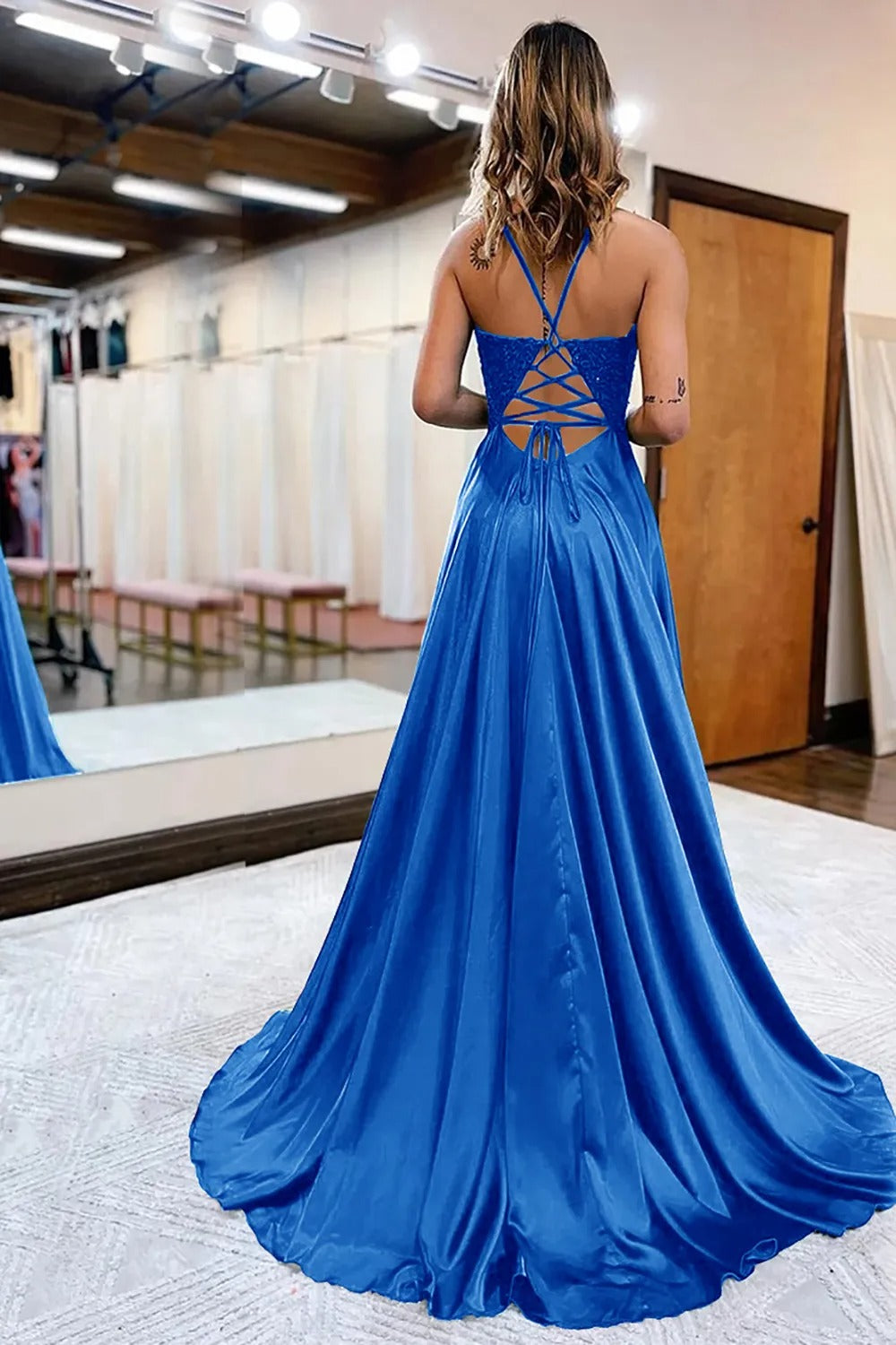 Peacock Green A-Line Satin Appliques Prom Dress with Slit