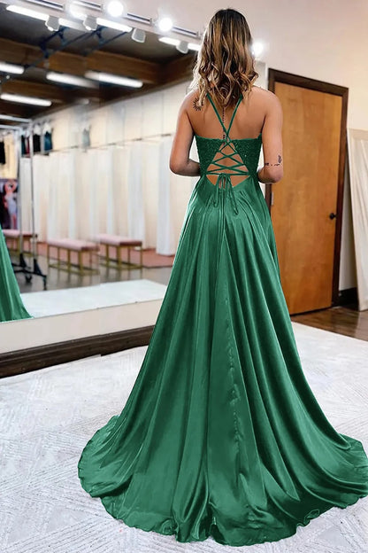 Peacock Green A-Line Satin Appliques Prom Dress with Slit