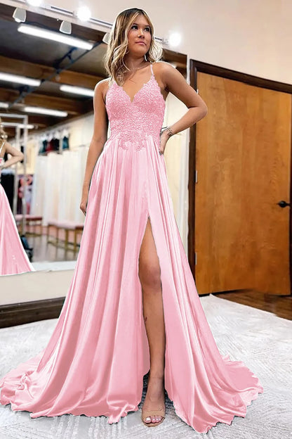Peacock Green A-Line Satin Appliques Prom Dress with Slit