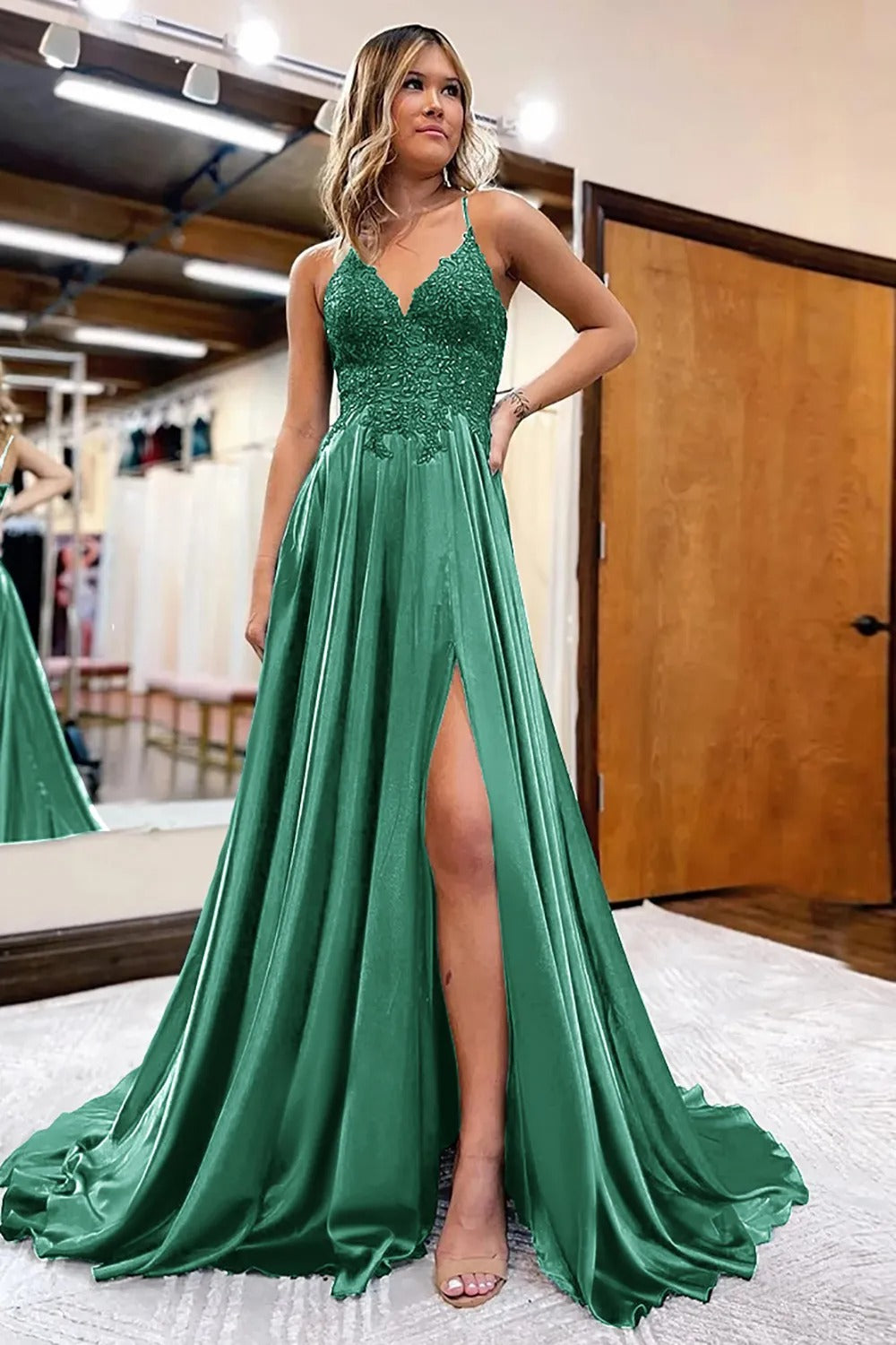 Peacock Green A-Line Satin Appliques Prom Dress with Slit