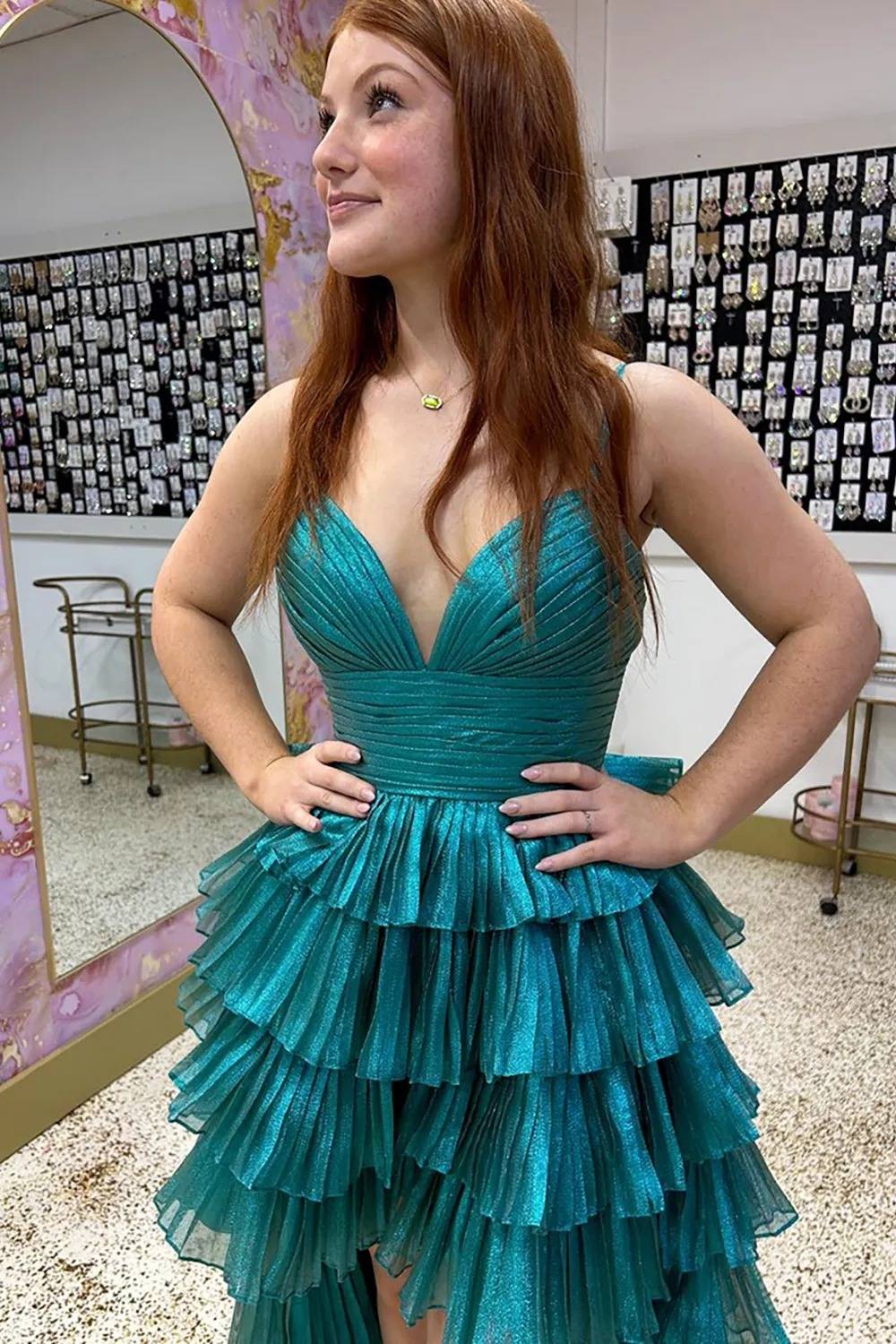 Peacock Green High-Low Ruffled A Line Long Prom Dress