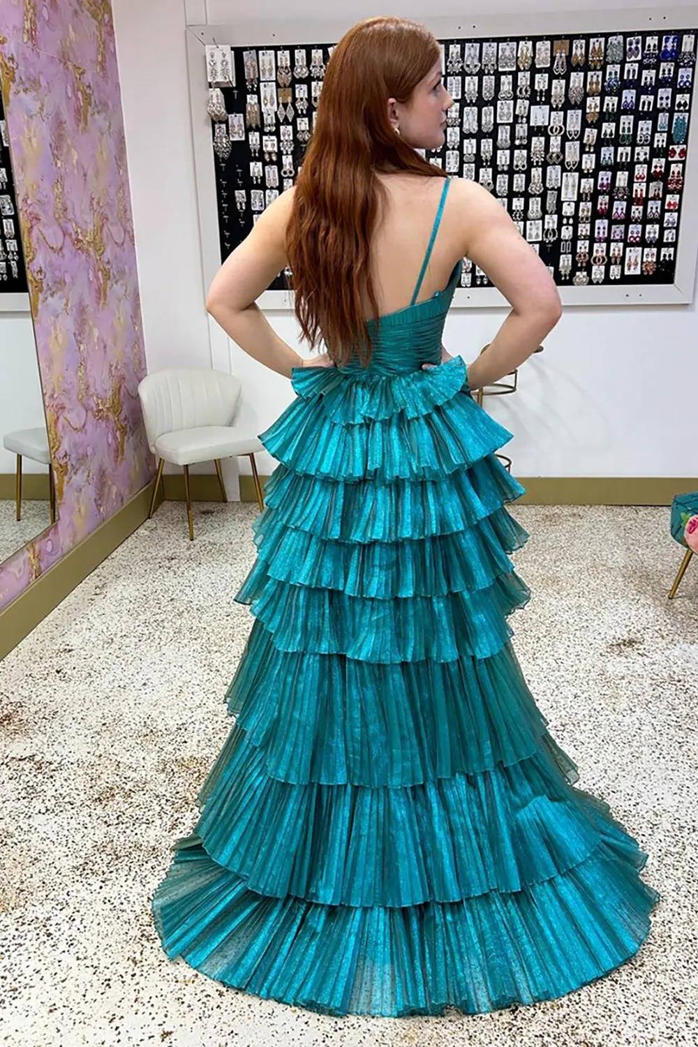 Peacock Green High-Low Ruffled A Line Long Prom Dress