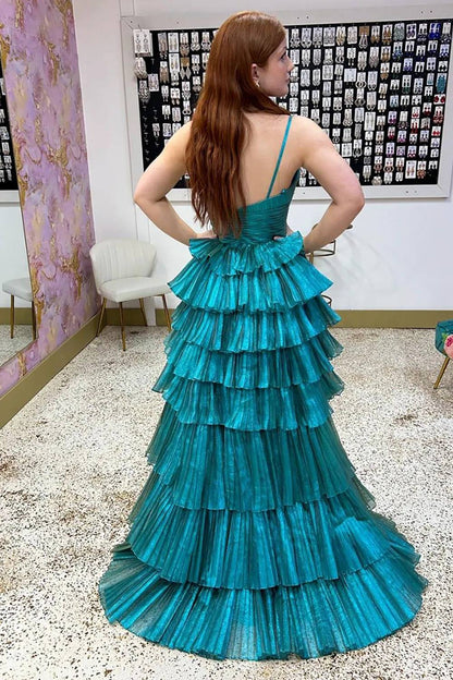 Peacock Green High-Low Ruffled A Line Long Prom Dress