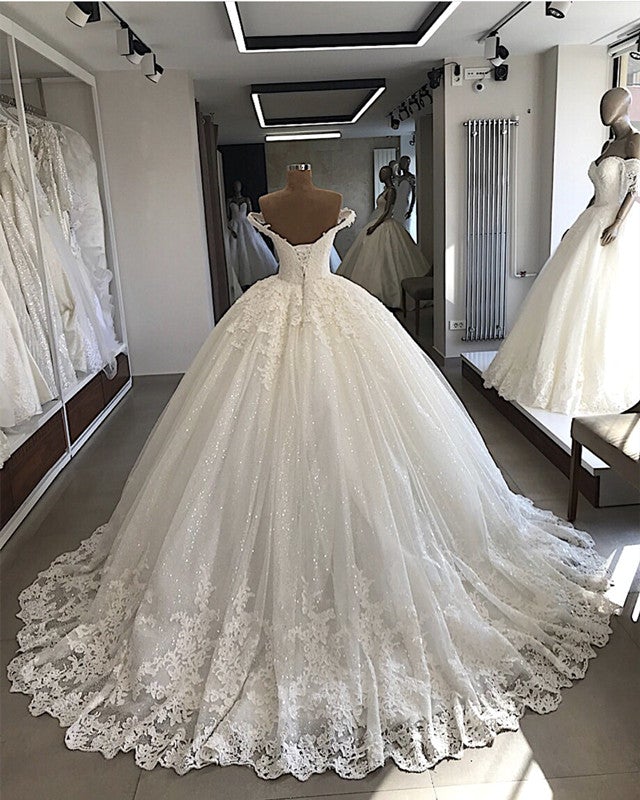 Pearl Beaded Lace V-neck Tulle Wedding Dresses Ball Gown Off Shoulder