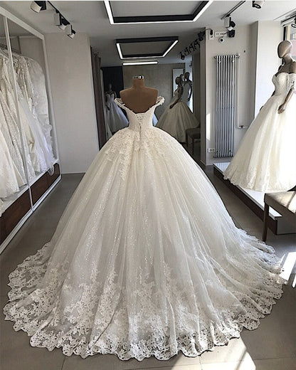 Pearl Beaded Lace V-neck Tulle Wedding Dresses Ball Gown Off Shoulder