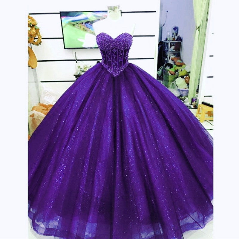 Pearl Beaded Sweetheart Bodice Corset Tulle Ball Gowns Wedding Dresses