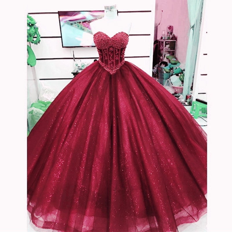 Pearl Beaded Sweetheart Bodice Corset Tulle Ball Gowns Wedding Dresses