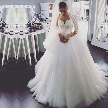 Pearl Embroidery Beaded Tulle Princess Wedding Dresses