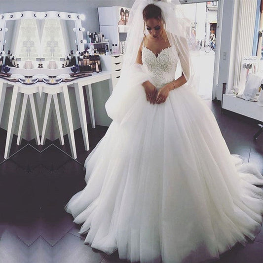Pearl Embroidery Beaded Tulle Princess Wedding Dresses