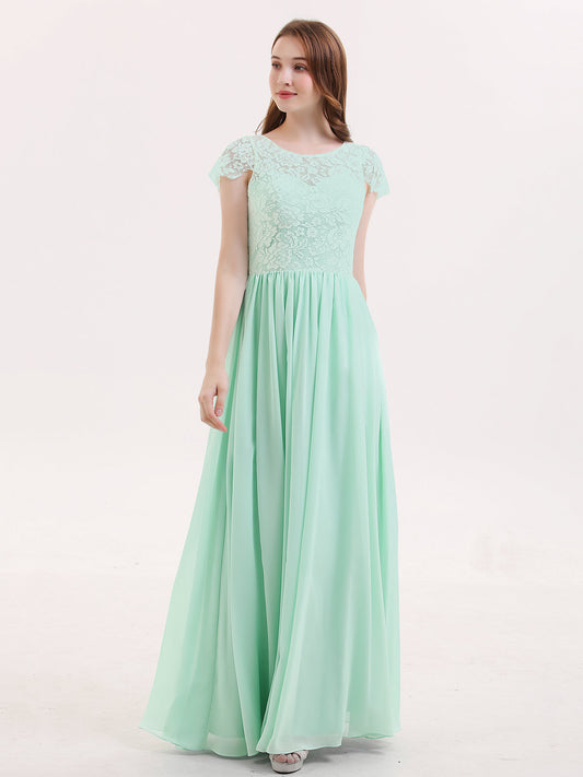 Long Bridesmaid Dresses with Cap Sleeves Mint Green