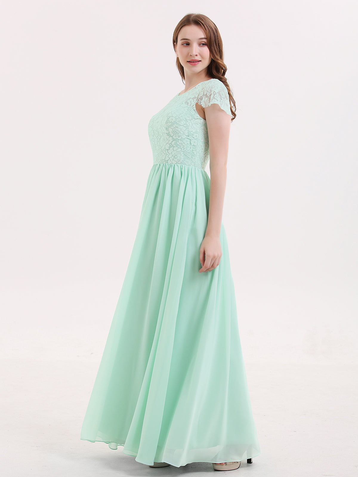 Long Bridesmaid Dresses with Cap Sleeves Mint Green