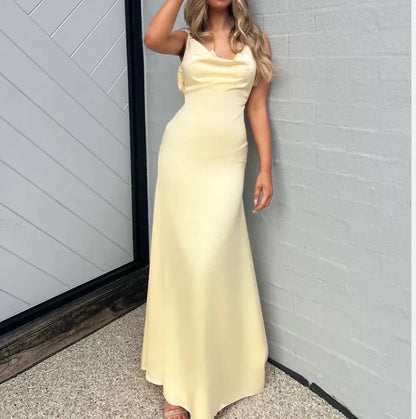 Pearl Straps Patel Yellow Satin Long Prom Dress Backless Birthday Dress, AST901