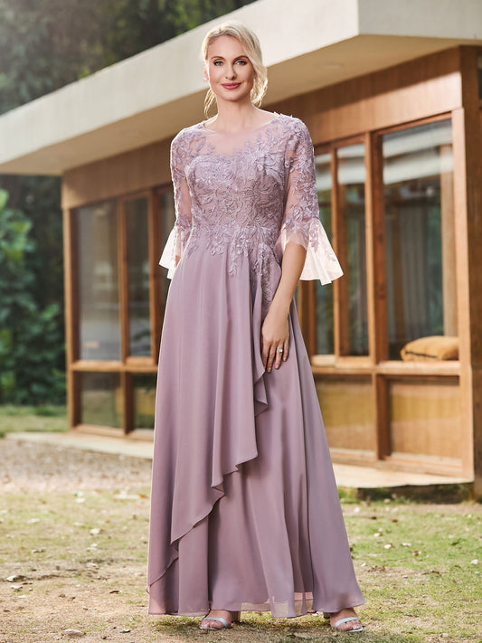 Illusion Half Sleeve Lace Applique Chiffon Dress Dusk